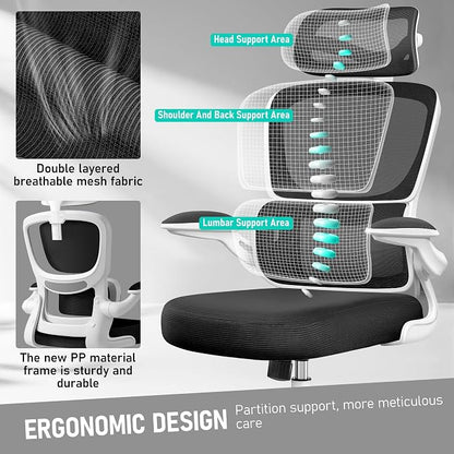 BESTFAIR High Back Ergonomic Office Chair, Breathable Mesh Desk Chair with Lumbar Support, Adjustable Headrest, Flip-up Armrests, Computer Gaming Chair, (White)