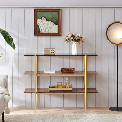 LumFurn Glass Console Table for Living Room, Foyer & Entryway, L41 x W14 x H31 Inch, 3-Tier Mid-Century Modern Sofa Table with Amber Glass Top, Walnut Finish Wood Shelf and Gold Finish Frame