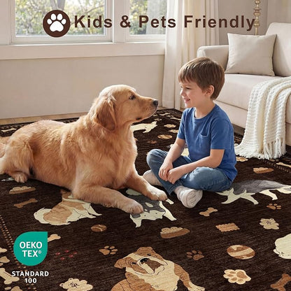 DUKINO 5x7 Rug for Living Room, Lightweight Animal Dog Print Washable Area Rug, Soft Non Slip & Low Pile Floor Mat, Stain Resistant Large Carpet for Bedroom, Nursery, Dining Room, Kids Playroom, Brown