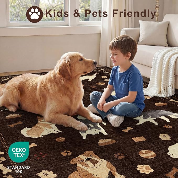DUKINO 8x10 Area Rug, Non Slip Washable Animal Dog Rug for Living Room, Stain Resistant & Low Pile Indoor Floor Large Carpet for Bedroom, Farmhouse, Nursery, Dining Room, Kids Playroom, Brown