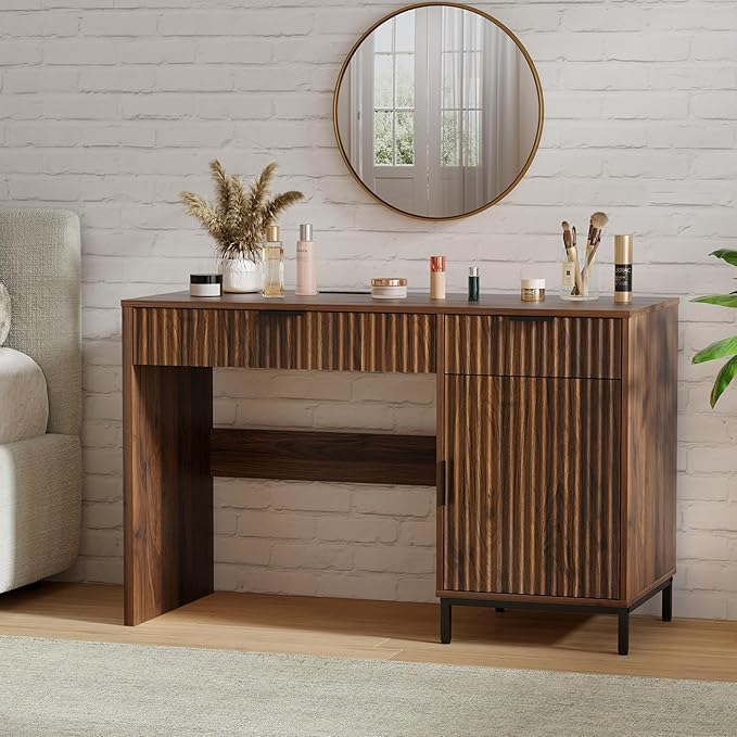 47" Office Desk with Fluted Drawers, Wooden Home Exectuive Desk with Storage Cabinet, Charging Station, Metal Legs Modern Farmhouse Computer Desk for Work, Study, Brown
