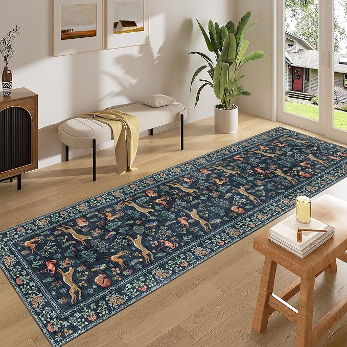DUKINO Runner Rug, 2x8 Washable Kitchen Rugs for Hallways with Non Slip Backing, Soft Low Pile Vintage Animal Runner for Kitchen, Hallway, Entryway, Laundry, Bedroom, Navy Blue