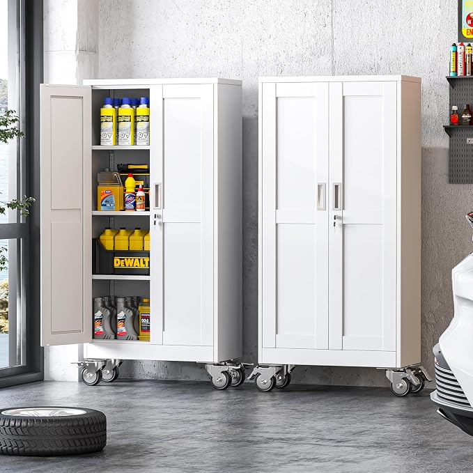 winiowa 61" Tall Metal Garage Storage Cabinet with Wheels, Steel Locking Rolling Tool Cabinet with 3 Adjustable Shelves for Garage,Home,Office (White)