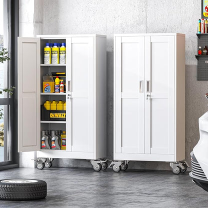 winiowa 61" Tall Metal Garage Storage Cabinet with Wheels, Steel Locking Rolling Tool Cabinet with 3 Adjustable Shelves for Garage,Home,Office (White)