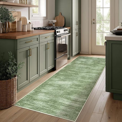 BILEEHOME Olive Green Rug Runners for Hallways Non Slip Washable Neutral Abstract Minimalist Low Pile Floor Protector Carpet Hunter Green 3x8 Runner Rug for Laundry Room Kitchen