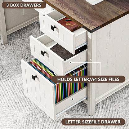 62 Inch Antique White Farmhouse Computer Desk | Center Drawer, 4 Storage Drawers (1 File Drawer) & Side Cabinet, Built-in USB Power Ports for Home Office & Bedroom Workspace