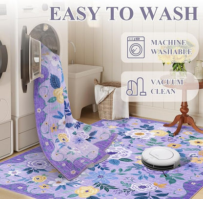 DUKINO 2x4 Rug for Entryway, Washable Kitchen Floral Runner Rug with Non Slip Backing, Low Pile Soft Boho Carpet for Kitchen, Hallway, Entryway, Laundry, Bedroom, Purple