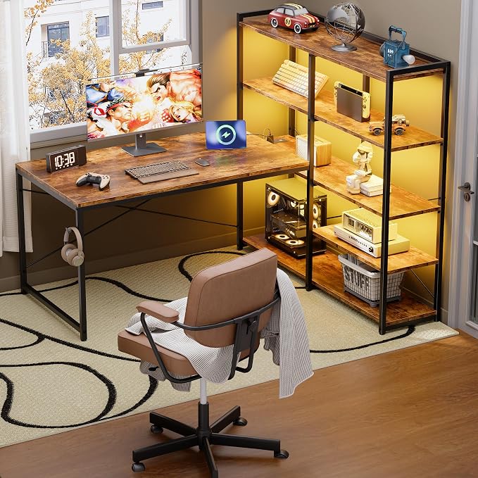 Pamray L Shaped Computer Desk with Reversible Side Storage Shelves, 49 Inch Gaming Desk with Power Outlets and Led Lights, PC Table for Home Office and Bedroom Vintage
