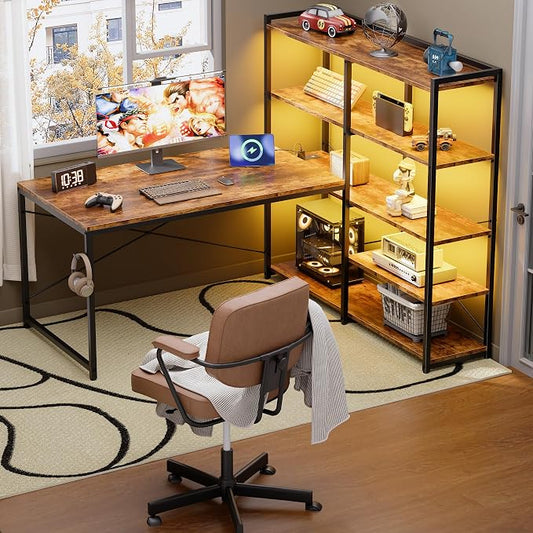 Pamray L Shaped Computer Desk with Reversible Side Storage Shelves, 49 Inch Gaming Desk with Power Outlets and Led Lights, PC Table for Home Office and Bedroom Vintage
