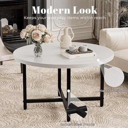 FAMIDGE Round Coffee Table, Small Coffee Tables for Living Room, Low Wood Coffee Table with Metal Frame, Floor Table Desk for Sitting on The Floor, Home, Office, White(23.6" D x 17.7" H)