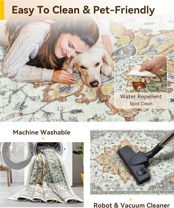RELEANY Area Rugs Runner 2'6"x12' Washable Non-Slip, Floral Vintage Distress Medallion Carpet for Kitchen Hallway Bedroom Beside Laundry Room Bathroom, Beige Carbon Grey Orange