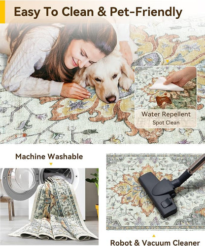 RELEANY Area Rugs Square 10ft Washable Non-Slip, Floral Vintage Distress Medallion Carpet for Living Room Bedroom Dining Room, Beige Carbon Grey Orange