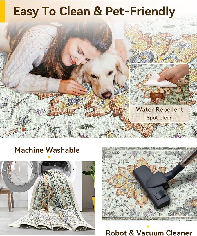 RELEANY Area Rugs Small 2'6"x4' Washable Non-Slip, Floral Vintage Distress Medallion Carpet for Kitchen Entryway Bathroom, Beige Carbon Grey Orange