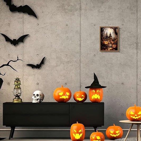Framed Vintage Halloween Wall Art - Spooky Haunted House Canvas Print, Gothic Halloween Wall Decor, Fall Pumpkin Picture Painting for Living Room Bedroom Home, 8x10in Wood Frame