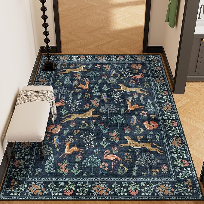 DUKINO 4x6 Rug, Washable Animal Area Rug with Non Slip Vintage Design, Indoor Soft Low Pile Carpet for Bedroom, Nursery, Dining Room, Farmhouse, Playroom, Navy Blue
