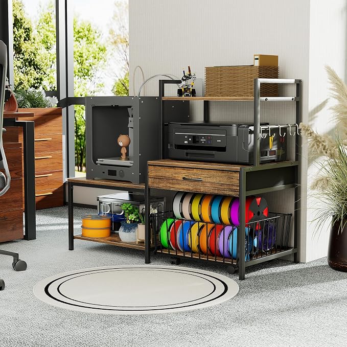 Saudism 3D Printer Stand with Storage Drawer and Rolling Filament Basket, Industrial Printer Table with Open Shelves and Hooks, Sturdy Metal Workstation for 3D Printing Tools and Accessories (Brown)