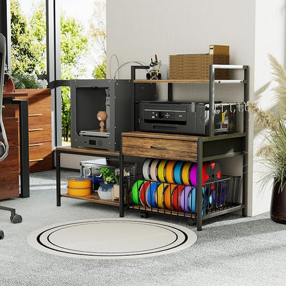 Saudism 3D Printer Stand with Storage Drawer and Rolling Filament Basket, Industrial Printer Table with Open Shelves and Hooks, Sturdy Metal Workstation for 3D Printing Tools and Accessories (Brown)