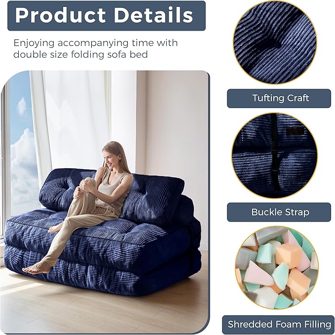 MAXYOYO Folding Sofa Bed, Convertible Chair with Pillow Foldable Couch with Back Support, Portable Fold Out Chair Bed Comfy Floor Sofa Lounge for Living Room Bedroom, Navy Double