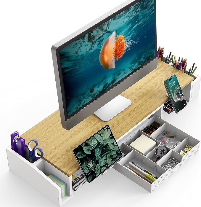 Simple Houseware Desk Dual Monitor Stand Riser with Drawer, Oak