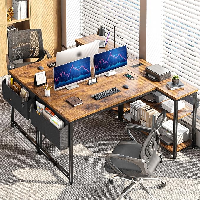 EnHomee Office Desk with Outlet,Power Home Office & Study Electronic Gear | Reliable Power Supply for Study & Electronic Device,Reversible Shelves & Side Bag,Convenience for Small Space, Black