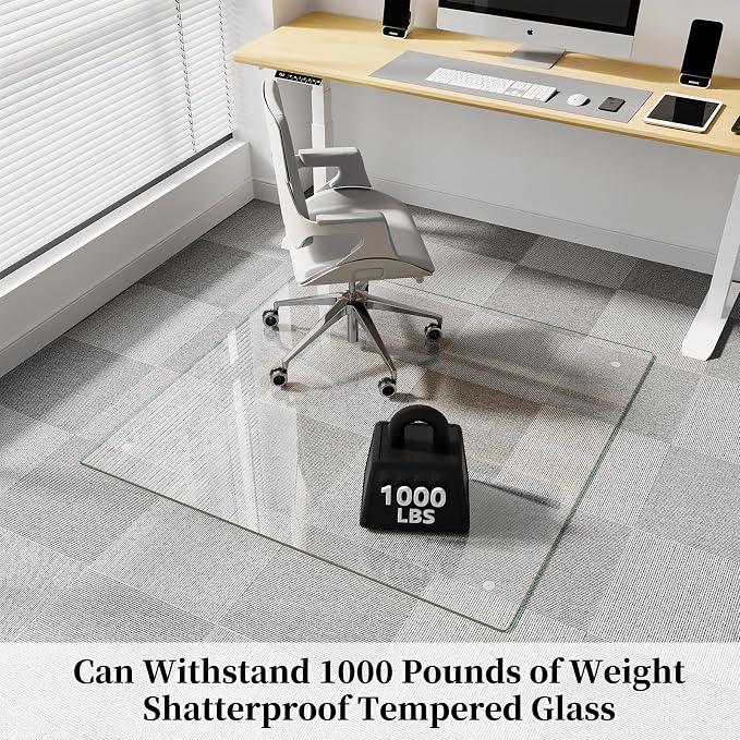 Glass Chair Mat 48" x 48" Heavy Duty Tempered Glass Office Chair Mat, Glass Floor Mat with Round Corner and Polished Edge for Smooth Glide, Office Chair Mat for Carpet, Hardwood Floor