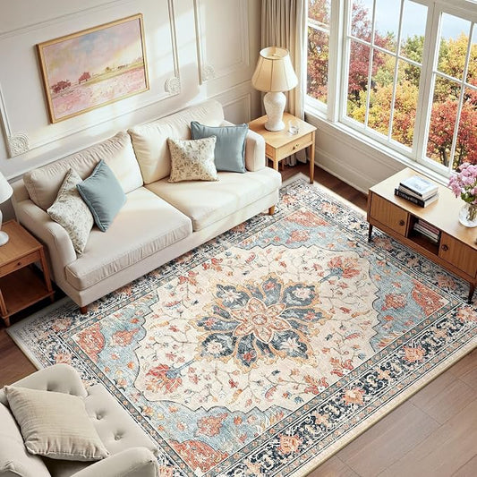 RELEANY Area Rugs 6'x9' Washable Non-Slip, Floral Vintage Distress Medallion Carpet for Living Room Bedroom Dining Room, Beige Navy Blue Orange Colorful