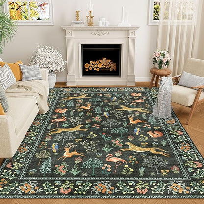 DUKINO 9x12 Rug, Washable Animal Living Room Rug with Non Slip Vintage Design, Soft Low Pile Large Carpet for Bedroom, Nursery, Dining Room, Farmhouse, Playroom, Black