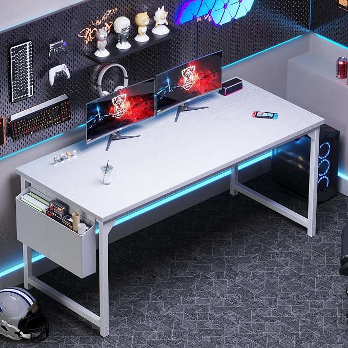 OLIXIS 63 Inch Computer Desk for Home Office, Writing Study Craft Gaming Table, Modern Computer Workstation with Storage Bag and Headphone Hook for Bedroom Small Spaces, White