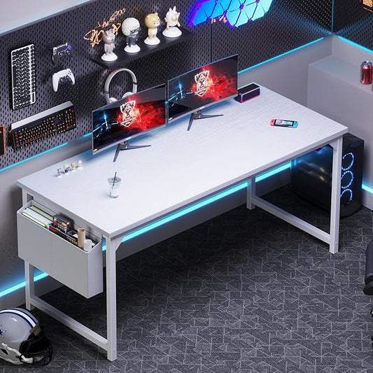 OLIXIS 63 Inch Computer Desk for Home Office, Writing Study Craft Gaming Table, Modern Computer Workstation with Storage Bag and Headphone Hook for Bedroom Small Spaces, White