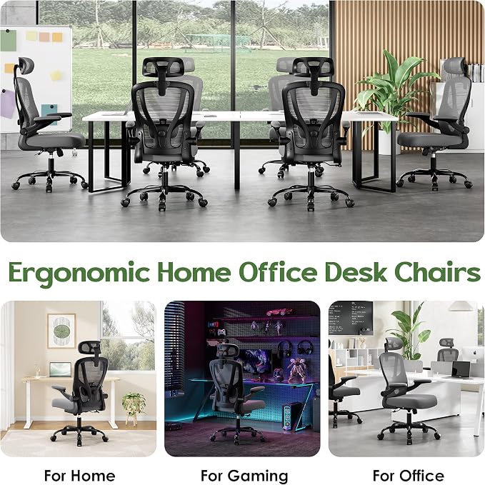 Office Chair Ergonomic Desk Chair - Mesh High Back Office Chair with Headrests Wheels Lumbar Support Home Desk Office Chairs Flip up Armrest Executive Rolling Computer Chair Black Gray 8 Pack
