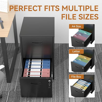 Polup 2 Drawer File Cabinet with Lock, Metal File Cabinets for Home Office, Two Drawer Locking Filing Cabinet, Small File Cabinet for Under Desk for Hanging Letter Size, Black, Assembly Required