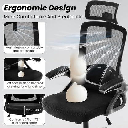 Fizzin Ergonomic Office Chair, 400 LBS Computer Chairs with Adjustable Lumbar Support, Breathable Mesh Desk Chair Ergonomic with Thickened Cushion, Comfy Home Office Desk Chair (Black)