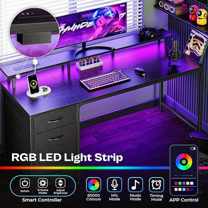 Huuger 55 Inch Computer Desk with Power Outlets and LED Lights, Gaming Desk with 4 Drawers, Office Desk with Monitor Stand, Study Work Home Office, Black