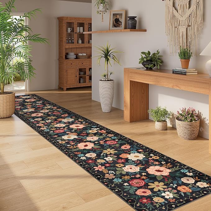 DUKINO 2x12 Washable Runner Rug, Ultra Soft Floral Runner Rug for Hallway, Boho Non Slip & Non Shedding Indoor Entryway Carpet for Kitchen, Laundry Room, Bathroom, Bedroom, Entrance, Black
