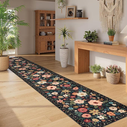 DUKINO 2x12 Washable Runner Rug, Ultra Soft Floral Runner Rug for Hallway, Boho Non Slip & Non Shedding Indoor Entryway Carpet for Kitchen, Laundry Room, Bathroom, Bedroom, Entrance, Black