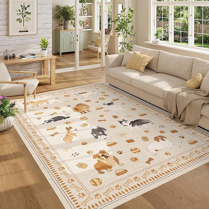 DUKINO 5x7 Rug for Living Room, Lightweight Animal Dog Print Washable Area Rug, Non Slip & Low Pile Floor Mat, Stain Resistant Carpet for Bedroom, Nursery, Dining Room, Kids Playroom, Beige Yellow