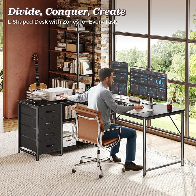 PRAISUN 53" L Shaped Desk with Power Outlets & USB-C Port, Reversible Computer Corner Office Desk with 4 Fabric Drawers and 2 Storage Shelves, Large Desk for Gaming Writing Work Study, Black