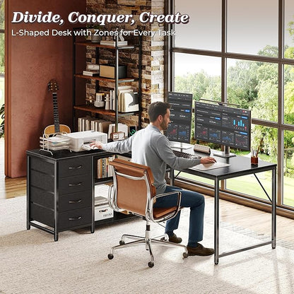 PRAISUN 53" L Shaped Desk with Power Outlets & USB-C Port, Reversible Computer Corner Office Desk with 4 Fabric Drawers and 2 Storage Shelves, Large Desk for Gaming Writing Work Study, Black