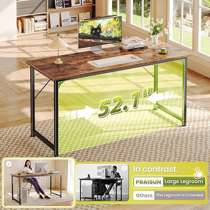 PRAISUN 55 Inch Computer Desk, Home Office Desk with Spacious Desktop, Modern Gaming Desk, Writing Study Table for Bedroom, Small Spaces, Work from Home Desk with Metal Frame, Rustic Brown