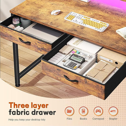 Gaming Desk with LED Lights with 2 Drawers, 31 Inch Desk Home Office Desk Computer Desk with Side Pocket & Ergonomic Monitor Stand, Small Space Study Writing Table with Anti-Tip Design, Rustic Brown