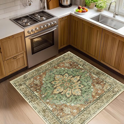 RELEANY Area Rugs Square 4ft Washable Non-Slip, Floral Vintage Distress Medallion Carpet for Living Room Bedroom Dining Room, Terracotta Burnt Orange Green
