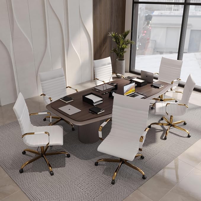 LeisureMod Harris High-Back Task Office Chair - Modern Leather Upholstery with Gold Frame, Ribbed Design 360 Degree Adjustable Swivel for Home, Office, and Study Room