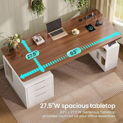SEDETA Modern Electric Standing Desk, 63" Height Adjustable Computer Desk with 3 Drawers, Storage Shelves, Power Outlets, Wood Home Office Stand up Desk for Work, Study, Writing, White + Brown