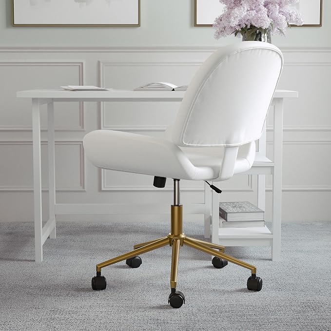 Martha Stewart Tyla Armless Swivel Task Chair for Home Office in White Faux Leather with Polished Brass Frame