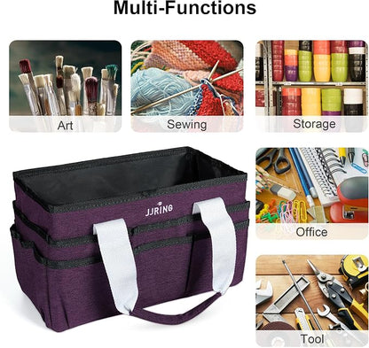 JJRING Craft Organizer Tote Bag, Art Storage Caddy with Multiple Pockets, Deep Purple Sewing Bag for Art, Craft, Scrapbooking, Medical, and Office Supplies Storage