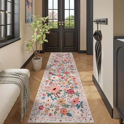 DUKINO 2.6x12 Kitchen Runner Rug, Lightweight Floral Washable Rug for Hallway, Boho Low Pile & Non Slip Backing Soft Floor Carpet for Entryway, Bedroom, Bathroom, Laundry, Beige