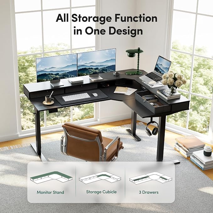FEZIBO L Shaped Electric Standing Desk, 63 x48 inch Large with Drawers | Reversible Tabletop, 2 Memory Height Settings | Home Office & Gaming Height-Adjustable Table, Black Top/Black Frame（2 packages）