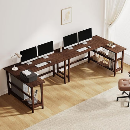 IOTXY Reversible L-Shaped Office Desk - 53" Modern Corner Computer Table with Storage Shelves, Solid Wood Legs, Home Writing & Study Workstation, Walnut