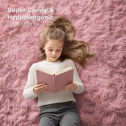 OLANLY 2x5 Machine Washable Runner Rugs for Hallway, Soft Fluffy Shaggy Bedside Rugs for Bedroom, Living Room, Indoor Floor Carpet for Kids Girls Boys, Nursery Rooms, Home Decor Aesthetic, Pale Pink
