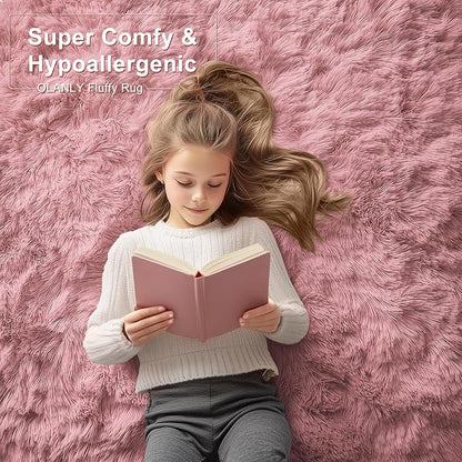 OLANLY 2x6 Machine Washable Runner Rugs for Hallway, Soft Fluffy Shaggy Bedside Rugs for Bedroom, Living Room, Indoor Floor Carpet for Kids Girls Boys, Nursery Rooms, Home Decor Aesthetic, Pale Pink